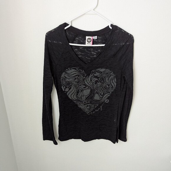 Roxy Semi-Sheer Black V-Neck Long Sleeve Tee, Medium - Picture 1 of 4